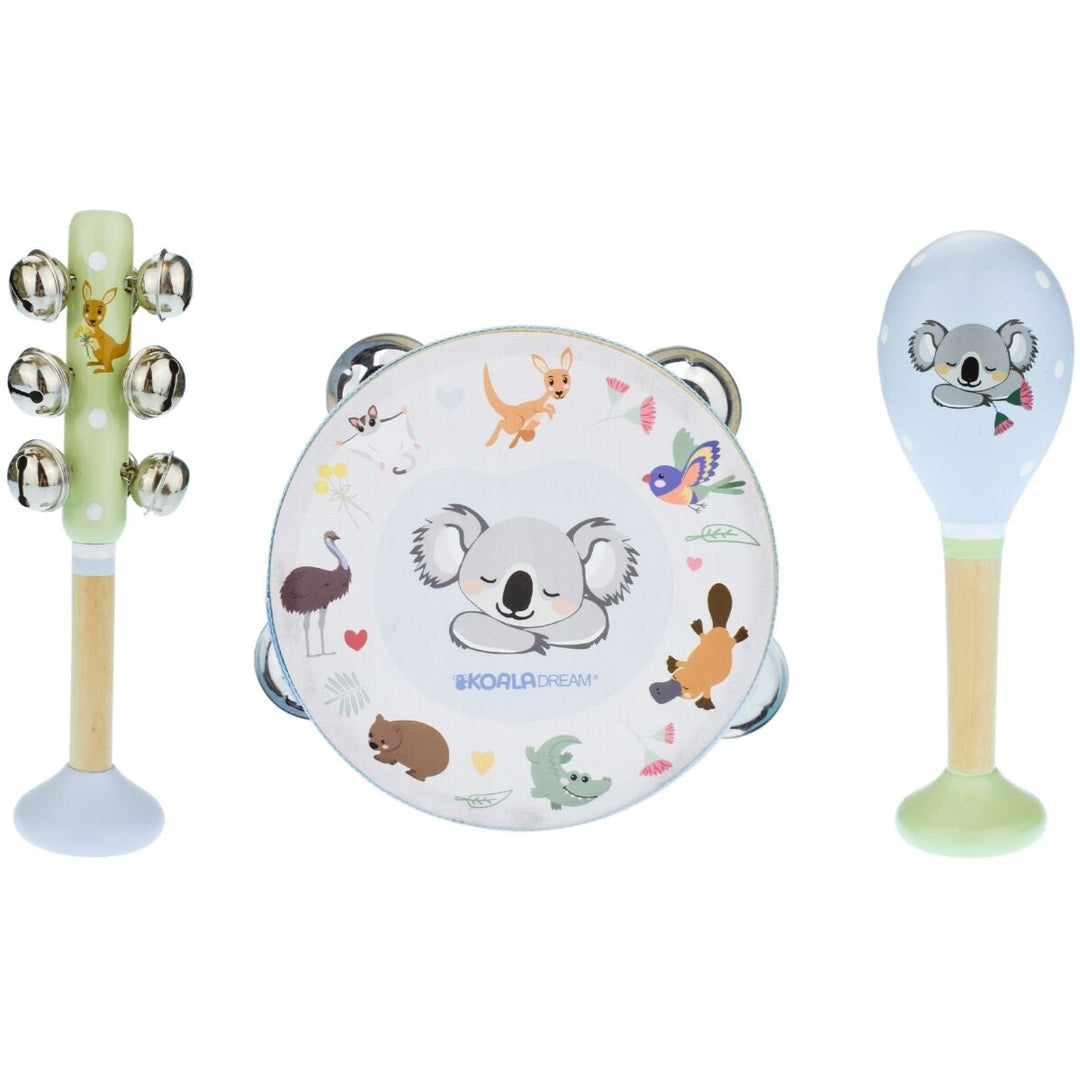 A set of three musical instruments designed with Australian animals, including a tambourine, maraca, and bell stick, each featuring a cute animal face and in soft pastel colors.
