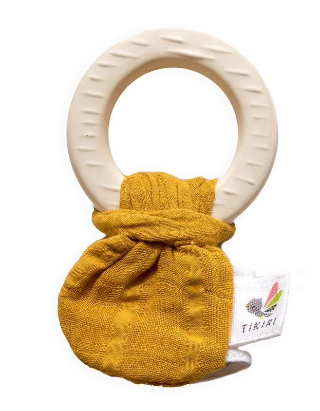 Rubber Teether with Muslin Tie - Mustard