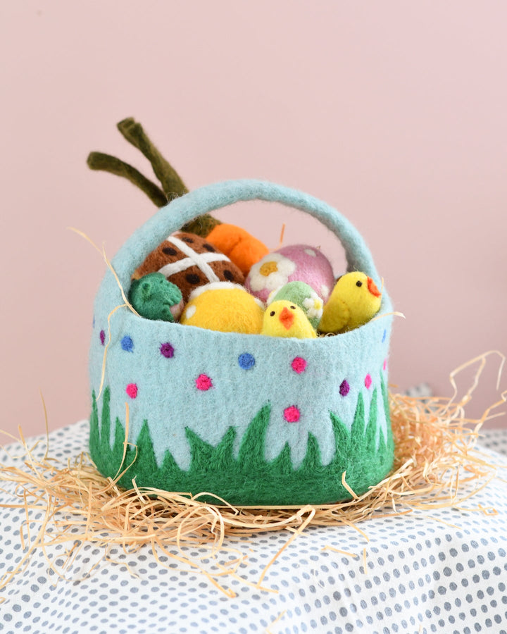 Felt Blue Basket with Colourful Dots