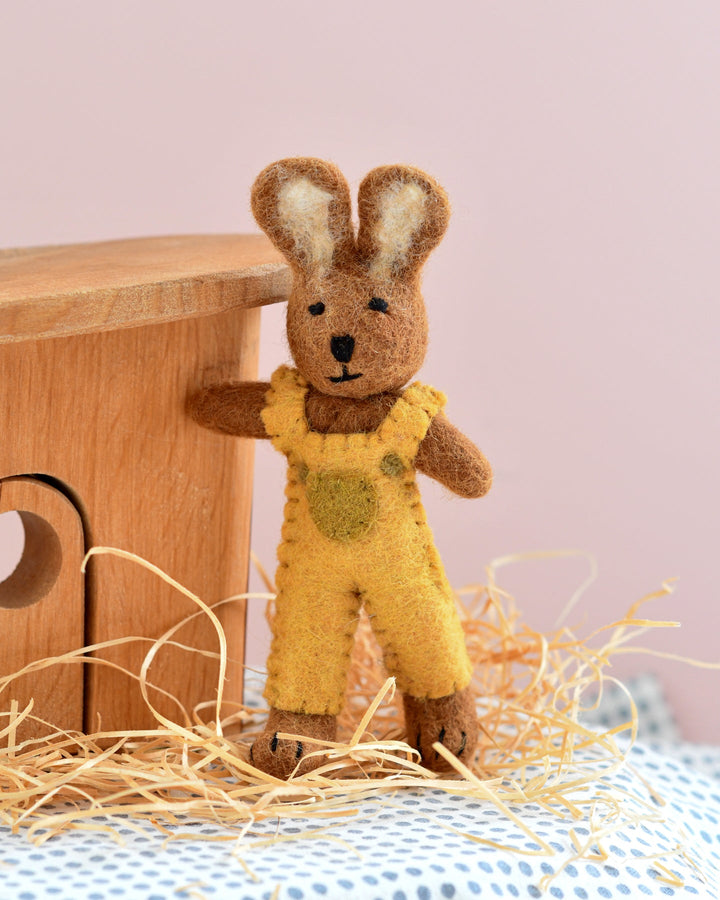 Felt Brown Hare Rabbit with Mustard Yellow Overalls Toy