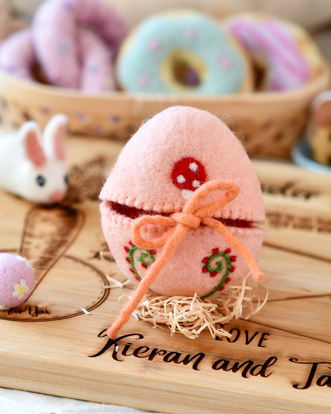 Felt Egg Cover - Peach with Mushroom Motif