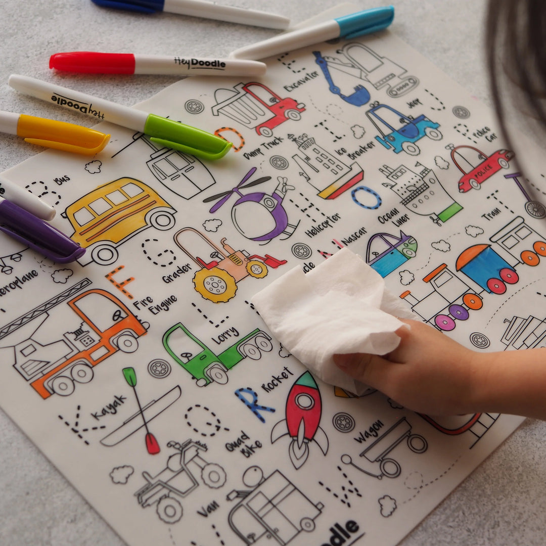 Reusable Colour-in Placemat - Toot Toot Honk ABC's