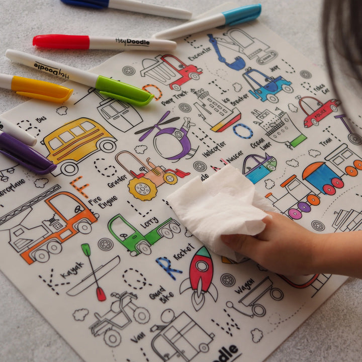 Reusable Colour-in Placemat - Toot Toot Honk ABC's