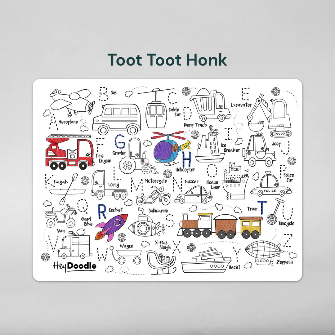 Reusable Colour-in Placemat - Toot Toot Honk ABC's