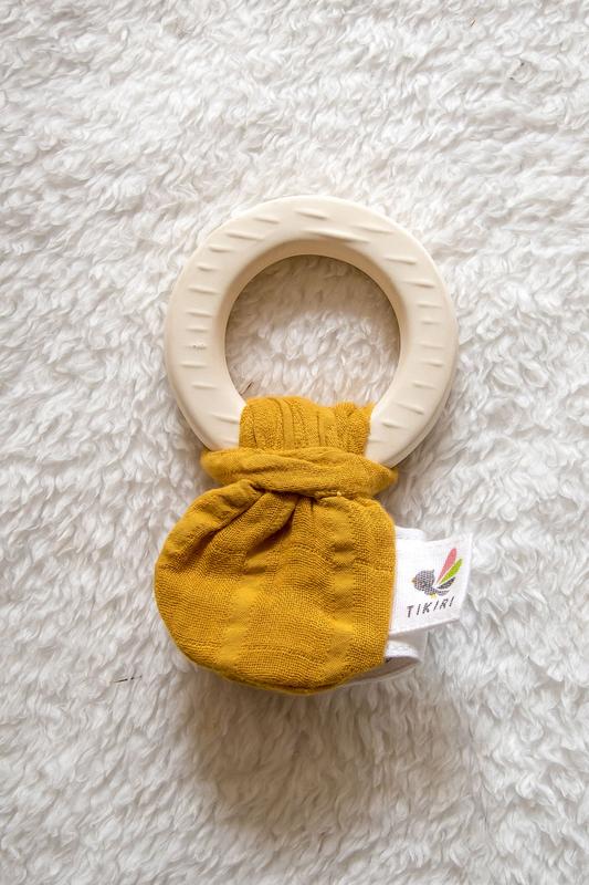 Rubber Teether with Muslin Tie - Mustard