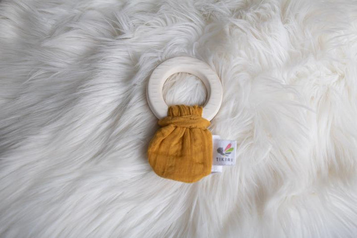 Rubber Teether with Muslin Tie - Mustard