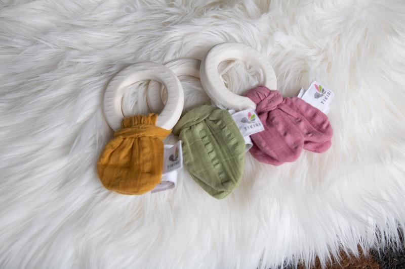 Rubber Teether with Muslin Tie - Sage