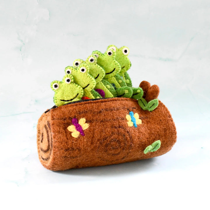 Finger Puppet Set - 5 Little Speckled Frogs with Log Bag