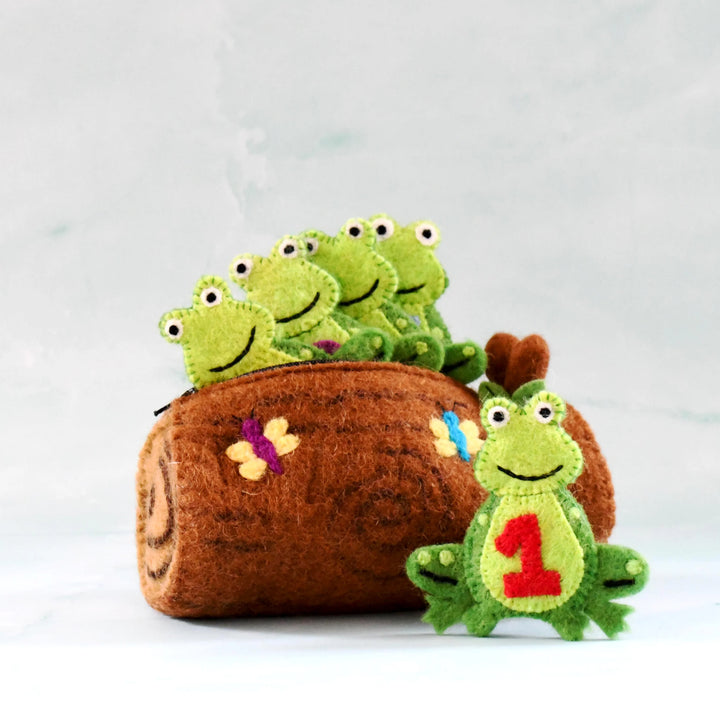 Finger Puppet Set - 5 Little Speckled Frogs with Log Bag